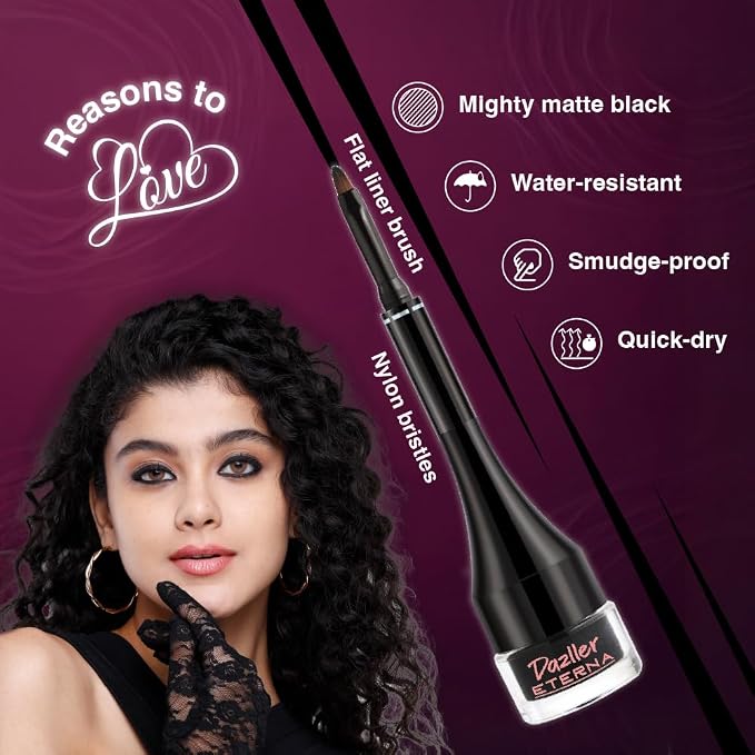 Dazller Eterna Eye Sensation Gel Eyeliner|Water-proof|Smudge-proof|Infused Herbal Extracts - Chamomile & Calendula|Flat Brush|Deep Matte Black|3g