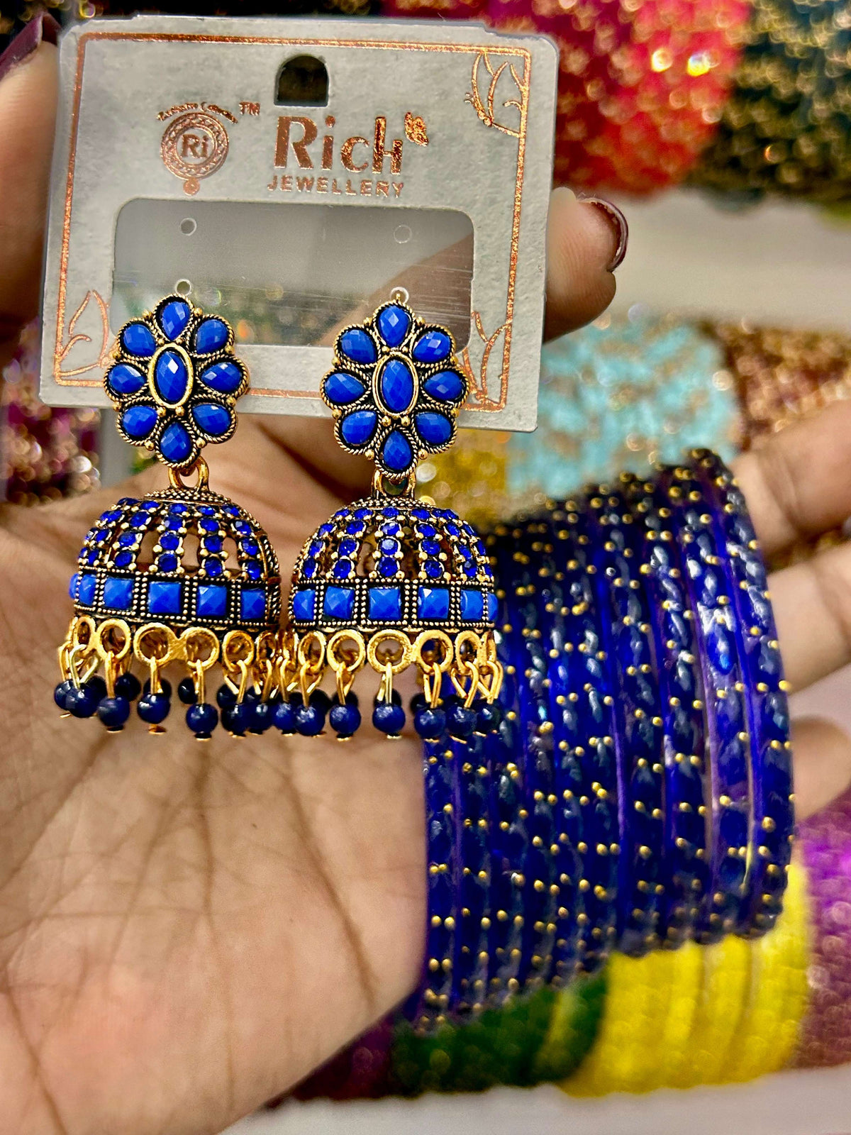 Blue Floral Jhumka Bangle Set