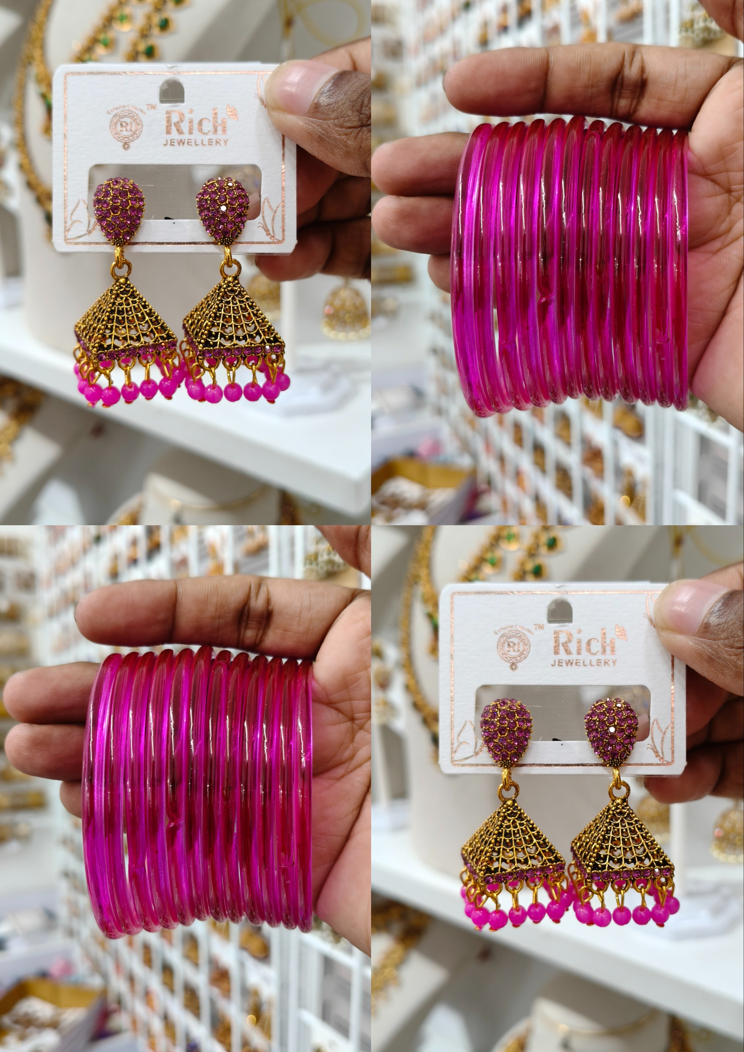 Rani Pink Pyramid Jhumka Bangle Combo