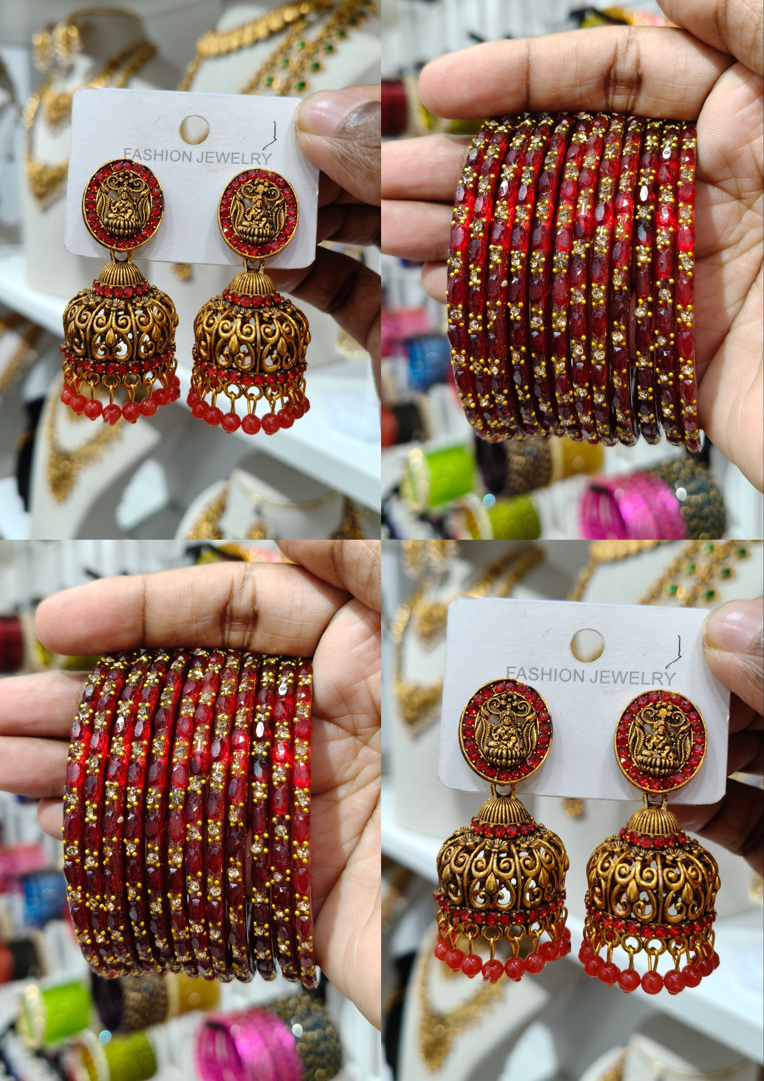 Red Stone Lakshmi Jhumka Bangle Combo