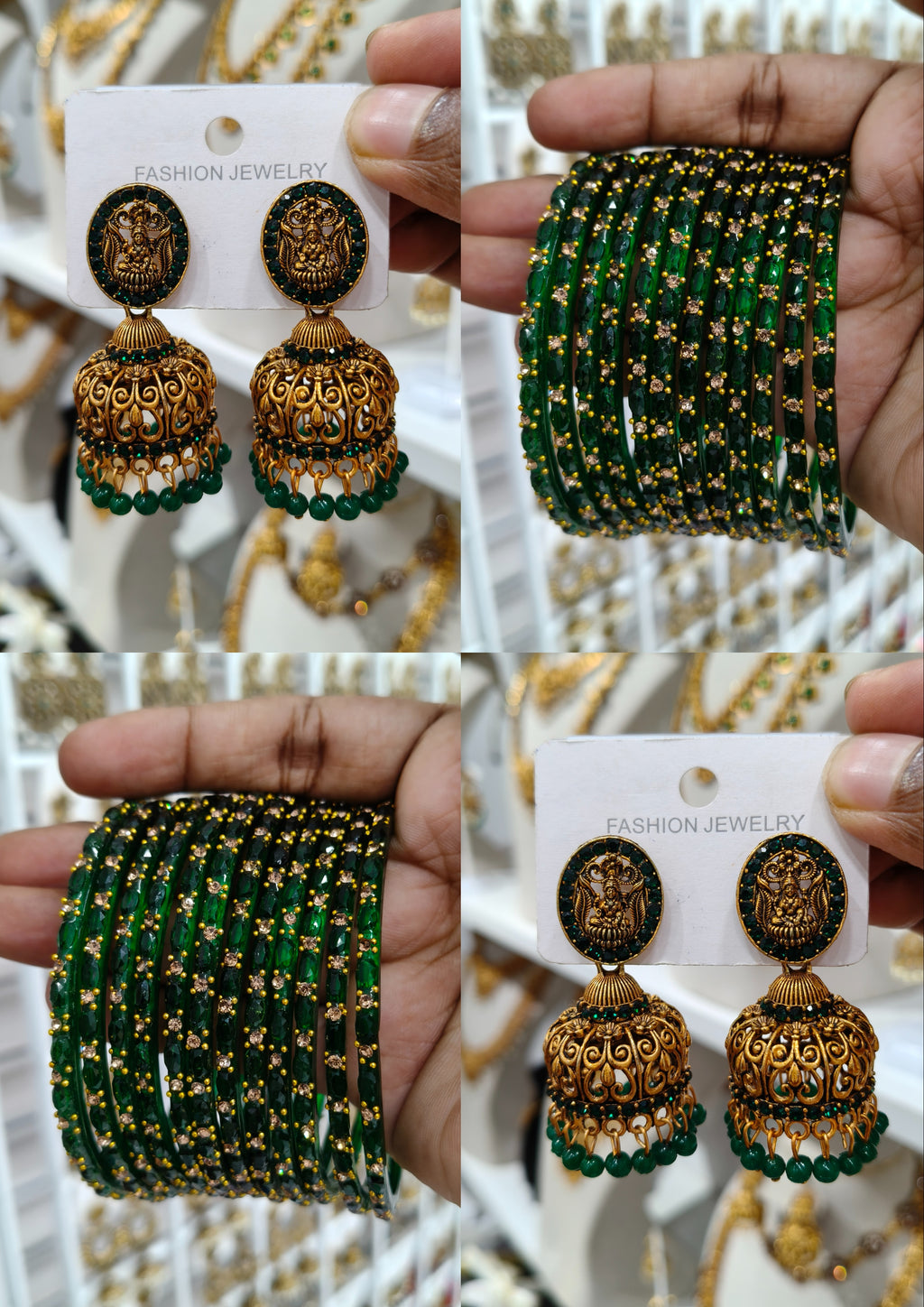 Green Stone Lakshmi Jhumka Bangle Combo