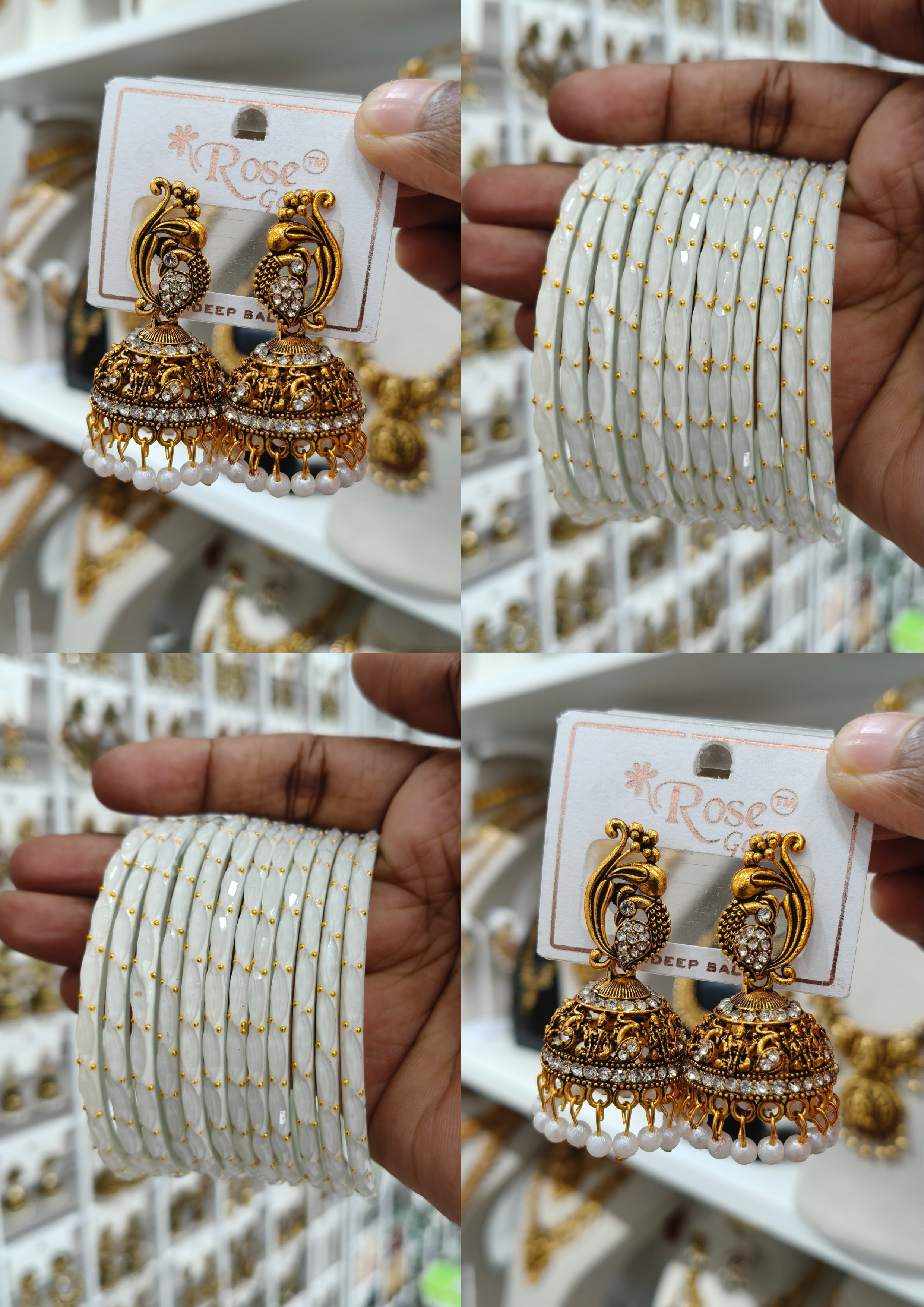 White Pearl Peacock Jhumka Bangle Combo
