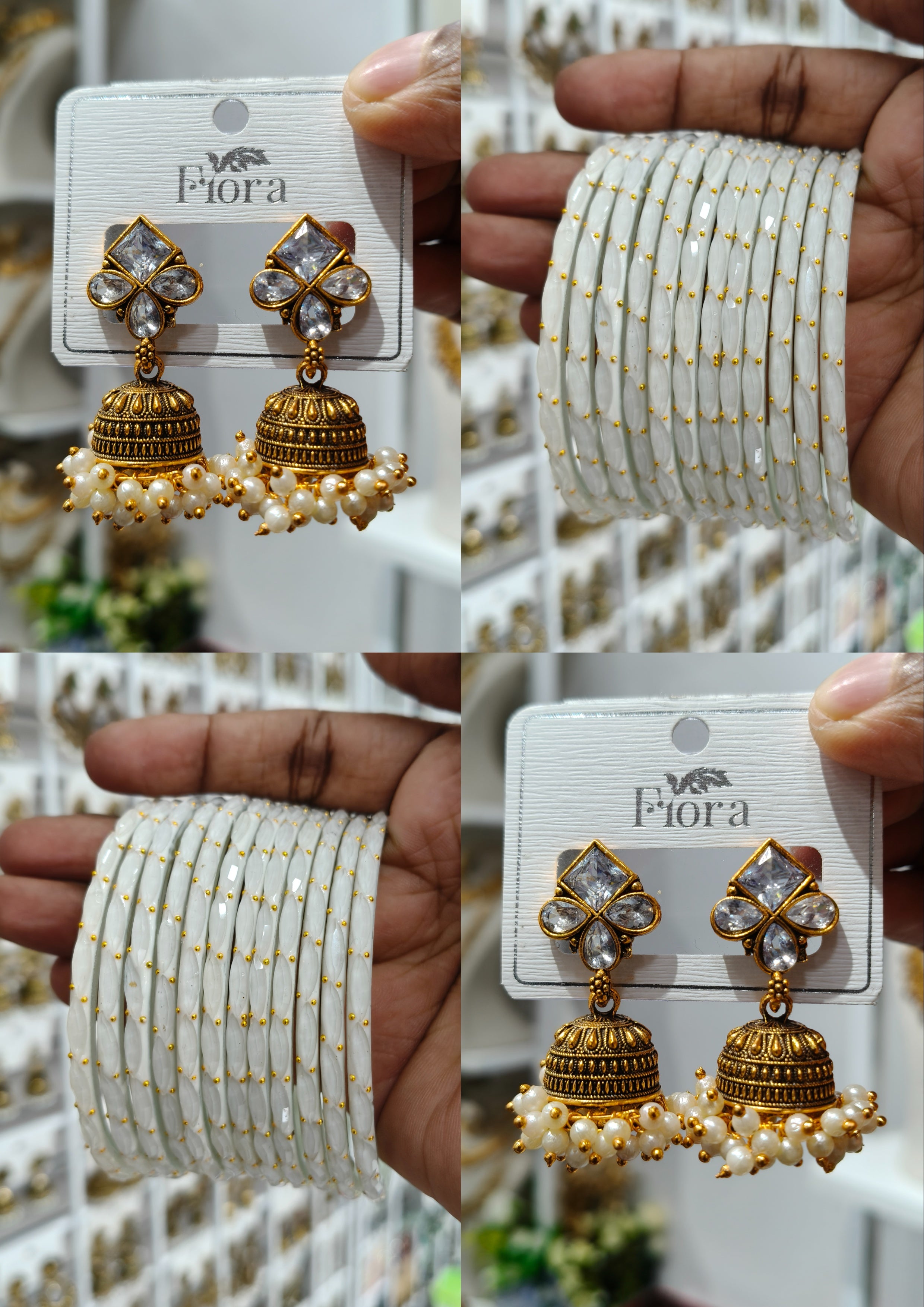 White Pearl Cluster Jhumka Bangle Combo