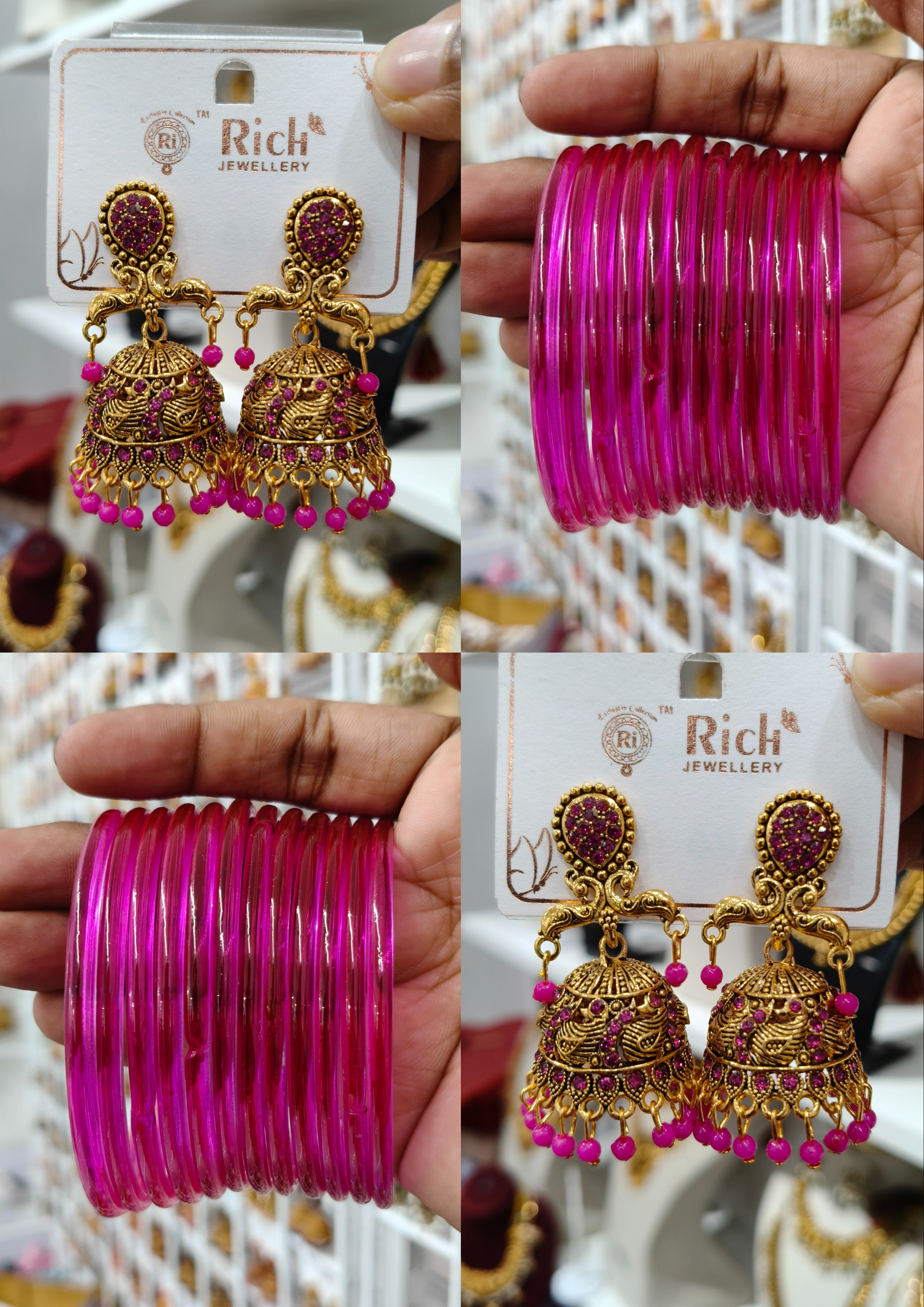 Rani Pink Peacock Jhumka Jelly Bangle Combo