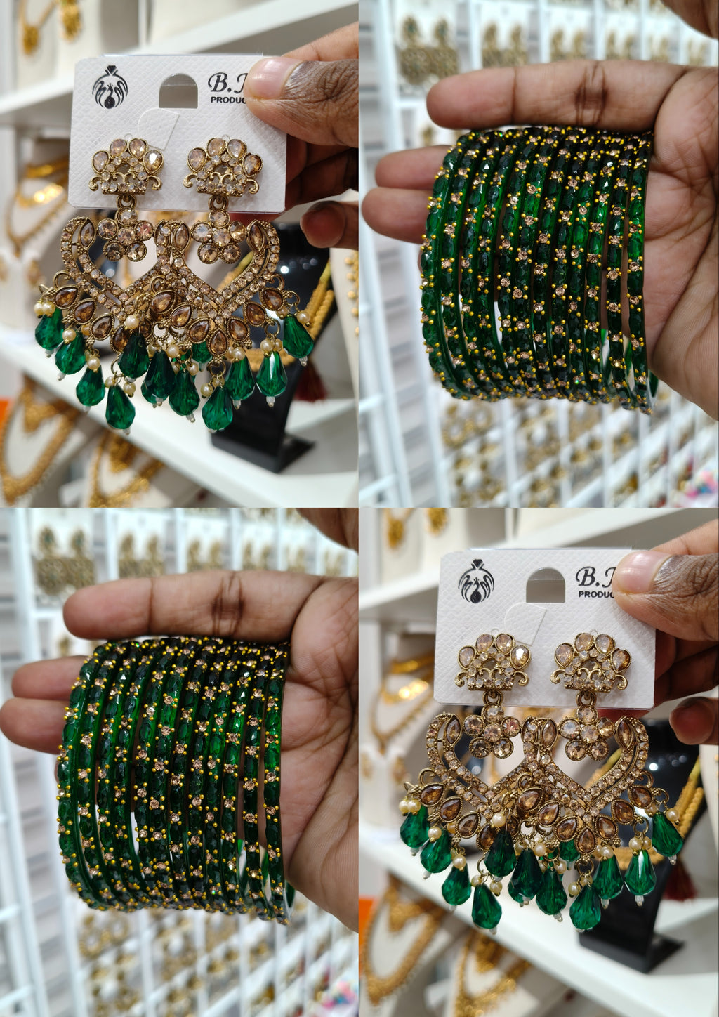 Emerald Chandbali Bangle Combo