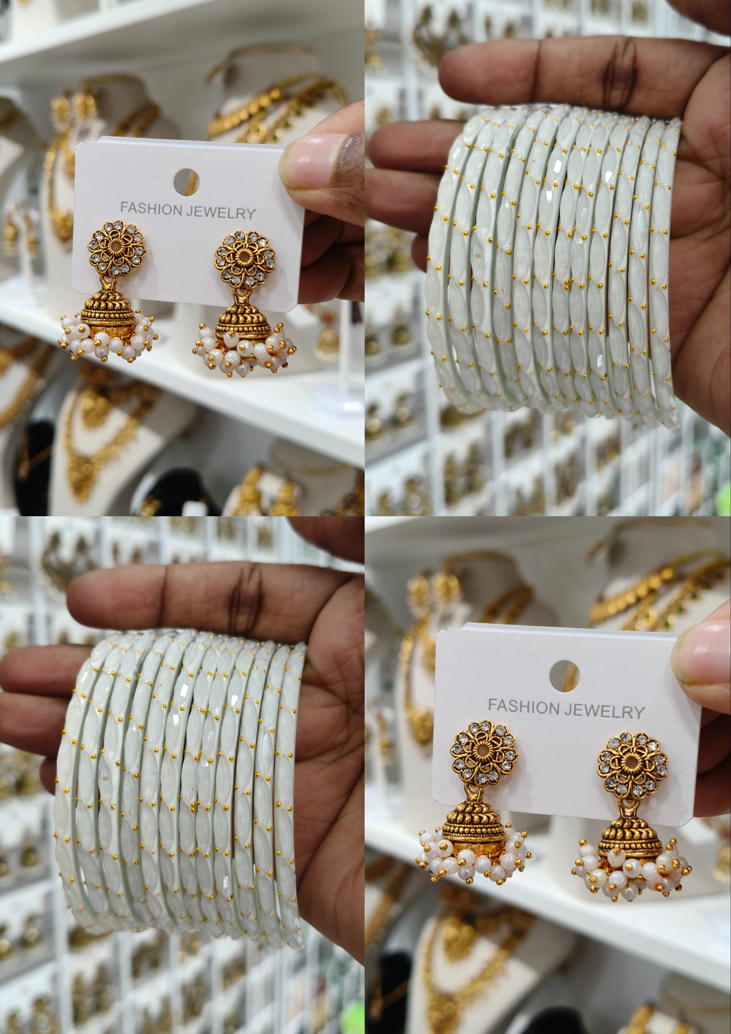 White Pearl Floral Jhumka Bangle Combo