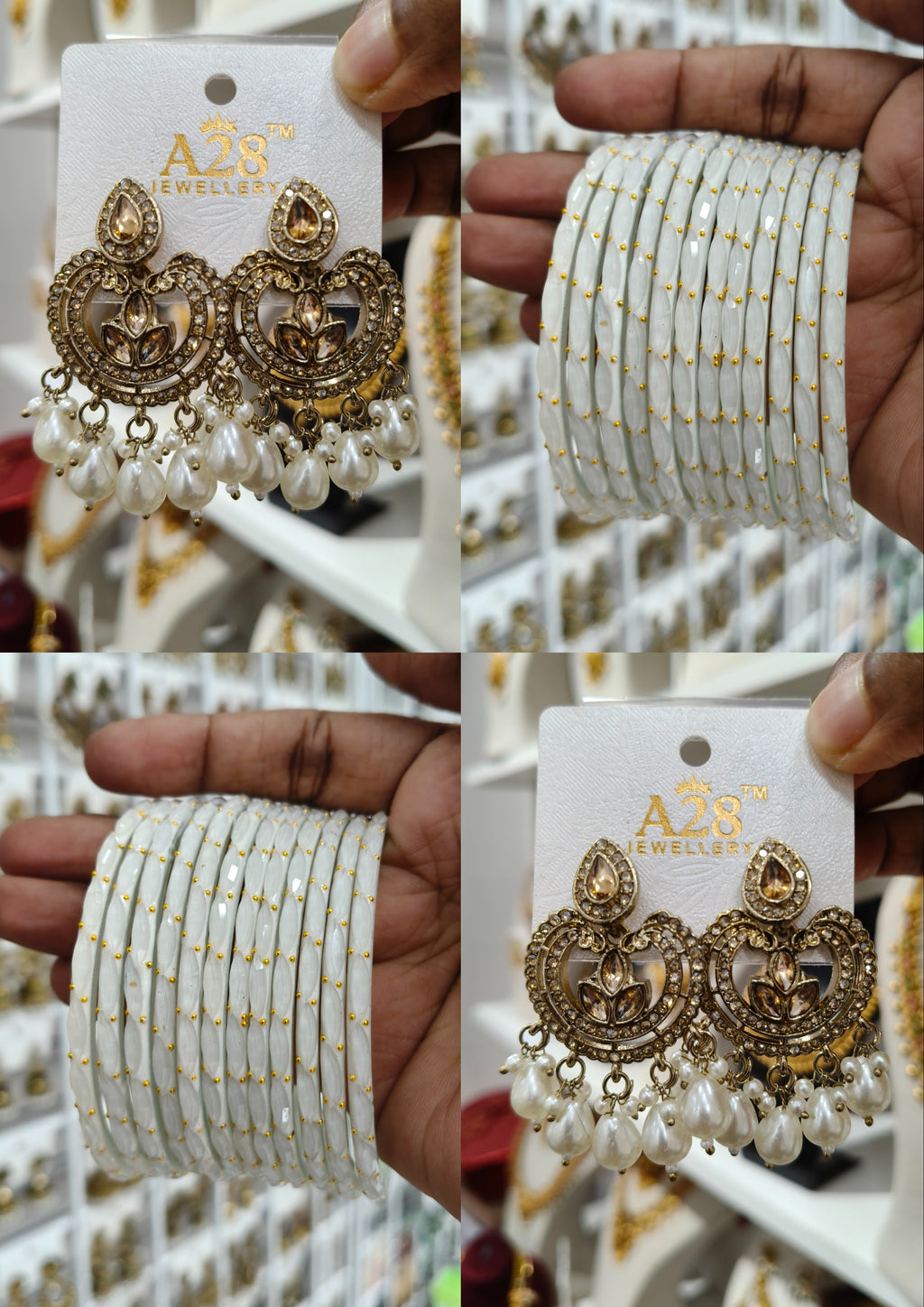 White Pearl Chandbali Bangle Combo