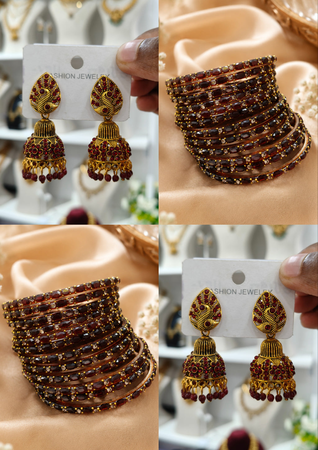 Maroon Peacock Jhumka Stone Bangle Combo