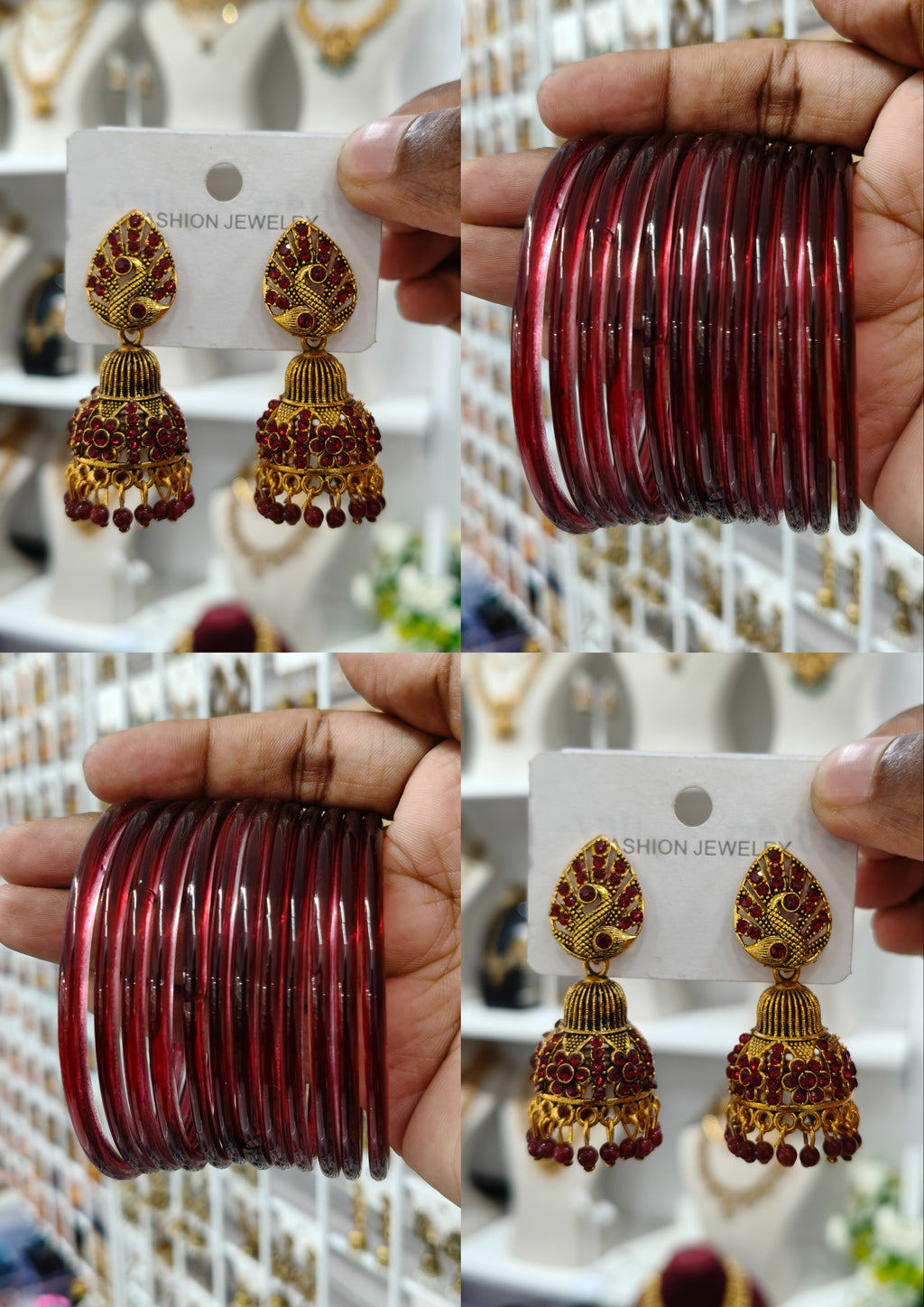 Maroon Peacock Jhumka Jelly Bangle Combo