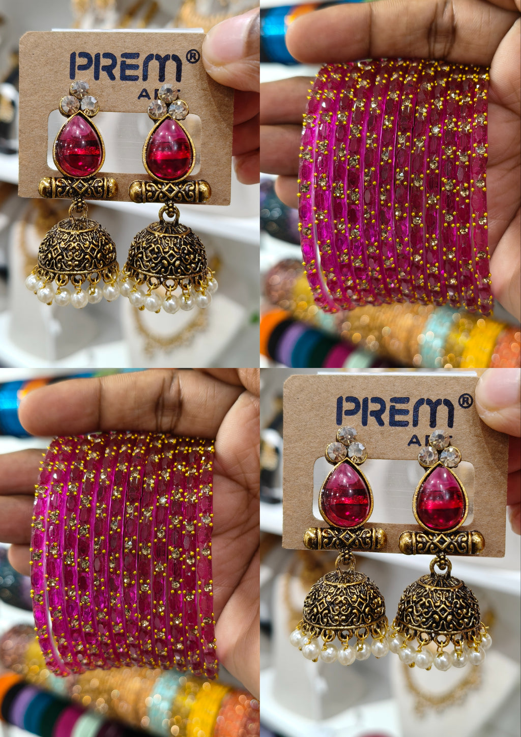 Rani Pink Stone Jhumka Bangle Combo