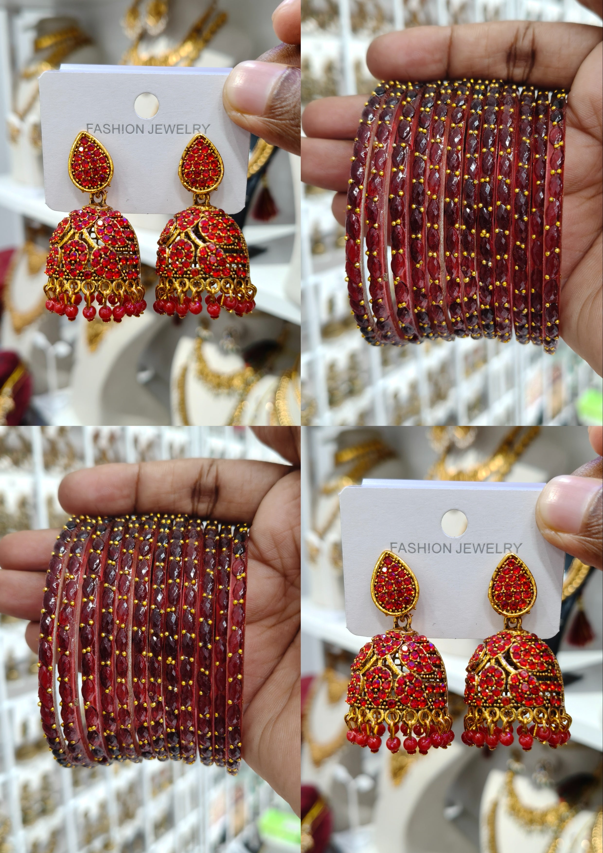 Red Stone Jhumka Bangle Combo